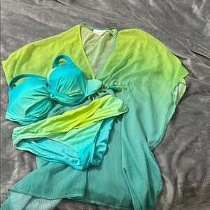 Vibrant Green and Blue Bikini Set with Cover-Up